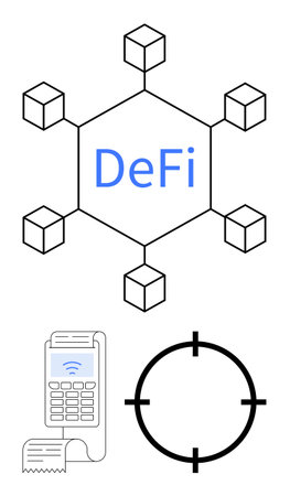 Decentralized Finance network represented with blockchain nodes, payment terminal emitting receipt, and a target focus symbol. Ideal for fintech, blockchain, cryptocurrency, decentralized appsのイラスト素材