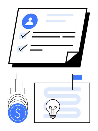 Person profile checklist with checkmarks, coin stack representing financial growth, and roadmap leading to a lightbulb idea. Ideal for personal productivity, financial planning, goal settingのイラスト素材