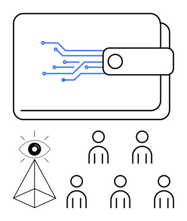 Digital wallet with circuit patterns. Surveillance eye atop pyramid five human figures below. Ideal for fintech, security, privacy, blockchain, cryptocurrency, society, technology. Line metaphorのイラスト素材