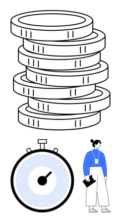 Stacked coins stopwatch and person with document. Ideal for finance, business, time management,...