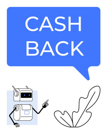 Speech bubble with CASH BACK, robot with headset pointing upward, black-and-white leaf design. Ideal for e-commerce, finance, customer service, technology promotions, online shopping, rewardsのイラスト素材
