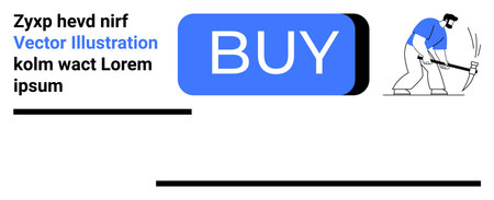 Large BUY button with worker holding pickaxe, text space, and decorative lines. Ideal for e-commerce, online shopping, purchasing, retail, call to action, conversion optimization, landing pageのイラスト素材