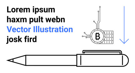 Text block, cryptocurrency symbol with circuits, geometric arrow, and pen. Ideal for finance, blockchain technology, digital currency, fintech presentations, educational materials, web designのイラスト素材