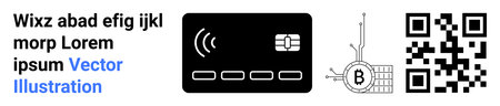 Contactless payment card, circuit board, QR code, and text. Ideal for digital wallets, fintech applications, secure payments, blockchain technology, cryptocurrency transactions, tech presentationsのイラスト素材