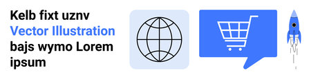 Globe icon representing global reach, chat bubble with shopping cart indicating e-commerce, and blue rocket symbolizing growth. Ideal for digital marketing, global business, e-commerceのイラスト素材