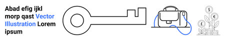 Key icon, backpack with blue cord, and money plant drawing with dollar, yen, euro symbols. Ideal for education, finance, security, travel, growth themes, business, stationery. Landing pageのイラスト素材