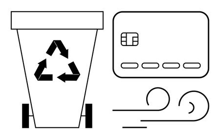 Recycling bin with recognizable recycling arrows, a card chip, and flowing lines. Ideal for financial services, sustainability, environmental impact, recycling programs, green energy, wasteのイラスト素材