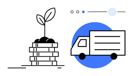 Growing plant in modern vertical garden beside delivery truck. Ideal for environmental sustainability, logistics, eco-friendly transport, green business, modern gardening, urban farming, and supplyのイラスト素材