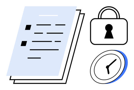 Stack of papers with text, a padlock, and a clock emphasizing importance of document security and effective time management. Ideal for business, administration, project planning, deadlines, secureのイラスト素材