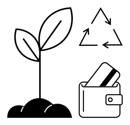 Plant with two leaves sprouting from soil, recycling arrows symbol, wallet with card. Ideal for environmental conservation, sustainable finance, growth, nature, recycling, eco-friendly practicesのイラスト素材