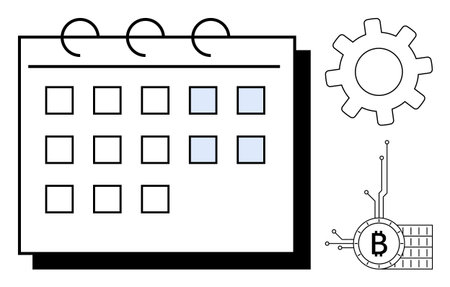 A calendar with dates, a gear icon representing settings or technology, and a Bitcoin symbol signifying cryptocurrency. Ideal for digital planning, cryptocurrency, fintech, technology, businessのイラスト素材