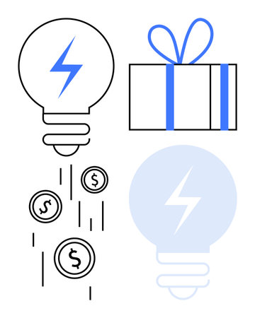 Lightbulb emitting coins, blue-lightning icon within, alongside wrapped gift box with blue ribbon. Ideal for innovation, finance, rewards, investment, creativity e-commerce motivation. Lineのイラスト素材