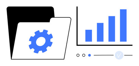 File folder with gear for settings or configurations next to a bar graph representing data analysis. Ideal for data management, analytics, business reports, managing information, software settingsのイラスト素材