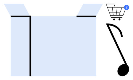 Open cardboard box with black lines, a shopping cart with notification, and a musical note. Ideal for e-commerce, delivery services, shopping, unboxing, music streaming, online notifications digitalのイラスト素材