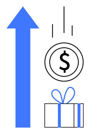 Blue upward arrow, dollar coin, and gift box with ribbon. Ideal for finance, growth, rewards, business success, investment economic trends holiday shopping. Line metaphorのイラスト素材