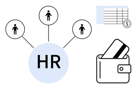 HR central hub connecting to employees, wallet with payroll card, and payroll register. Ideal for HR processes, payroll management, employee benefits, financial services, organizational chartsのイラスト素材