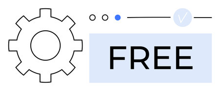 Gear icon next to a FREE label, blue dot, checkmark, and progress line. Ideal for marketing, advertisements, promotions, software online services startups digital content. Line metaphorのイラスト素材