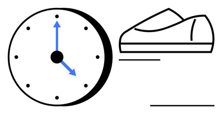 Clock with blue hands and black dots, paired with a simple sneaker drawing, symbolizes efficient...