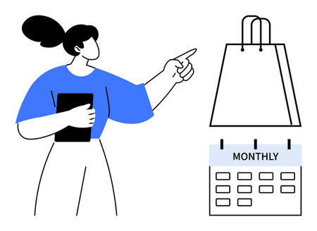 Woman holding tablet and pointing at shopping bag next to a monthly calendar. Ideal for e-commerce, scheduling, retail planning, subscriptions, budgeting, time management, reminders. Line metaphorのイラスト素材