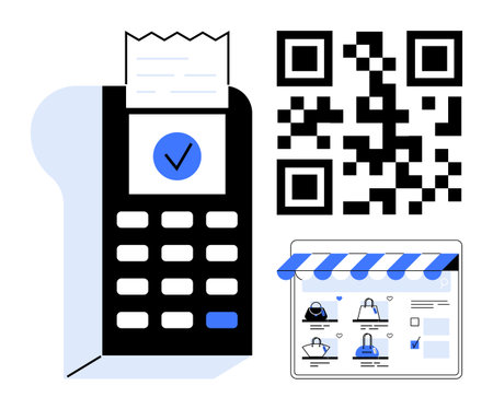 Digital payment terminal with receipt, QR code for quick transactions, and online retail checkout interface with product images. Ideal for e-commerce, payment processing, contactless paymentsのイラスト素材