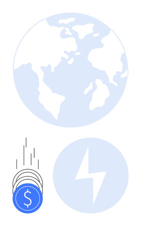Money coins are dropping towards a globe and an energy lightning bolt icon. Ideal for global...