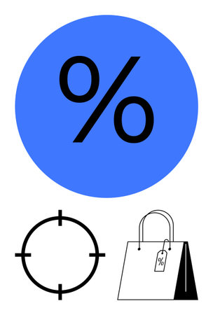 Blue circle with percentage sign, target crosshair, shopping bag with discount tag. Ideal for retail marketing, advertising, sales, shopping promotions, e-commerce, discount events economicのイラスト素材