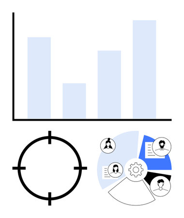 Bar chart with three blue bars, target symbol, pie chart with four segments including user profiles and gear. Ideal for business strategy, analytics, teamwork, goals, user targeting, dataのイラスト素材