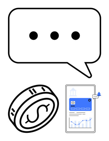 Chat bubble with ellipsis, coin with dollar sign, and smartphone displaying banking app screen with...