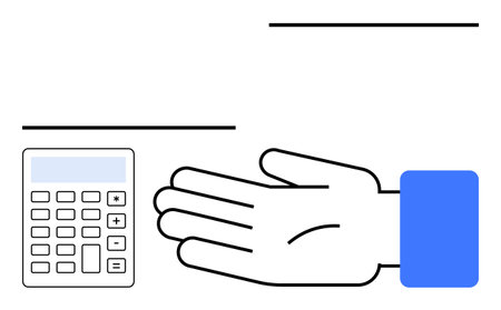 Calculator and open hand extended below. Ideal for finance, budgeting, accounting, banking, loans, financial advice, savings themes. Line metaphorのイラスト素材