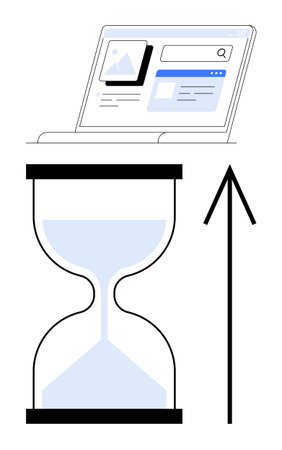 Laptop screen displaying a loading web, v10 page with hourglass and upward arrow. Ideal for time management, web, v10 design, progress tracking, online speed, user experience, deadlines, productivity. Lineのイラスト素材