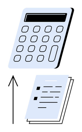 Calculator above documents with upward arrow indicating financial growth. Ideal for finance, accounting, budgeting, investment, business analysis, economic growth, planning. Line metaphorのイラスト素材