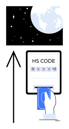 Hand inserting card into machine labeled HS CODE, upward arrow, earth and space above. Ideal for business automation, global trade, finance technology, data input systems, international commerceのイラスト素材