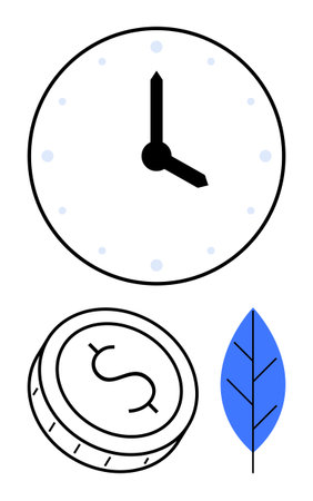 Clock with black hands showing time, coin with a dollar sign, and blue leaf representing nature. Ideal for time management, financial planning, eco-friendly initiatives, sustainability, environmentalのイラスト素材