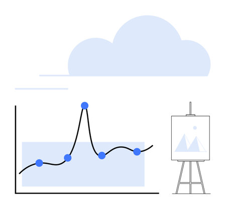 Graph with data points and line trend easel with design cloud above. Ideal for analytics, strategy, growth, forecasting, innovation, presentations, education. Line metaphorのイラスト素材