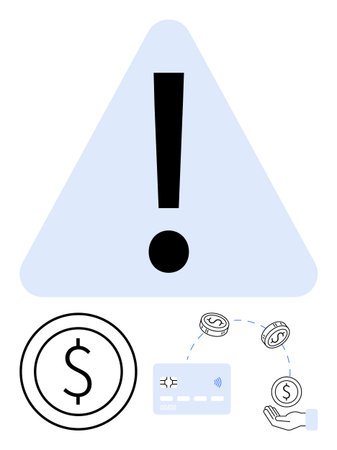 Warning triangle with exclamation mark over dollar symbol, coins, and hand holding a credit card. Ideal for financial risk, banking security, transaction issues, budgeting alerts, investmentのイラスト素材