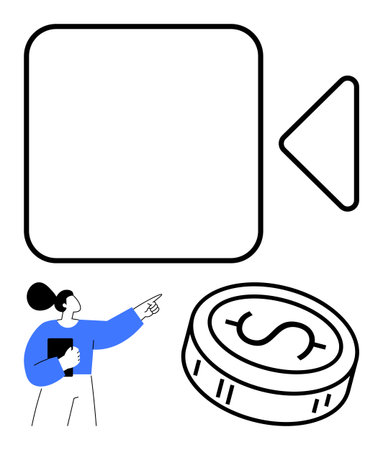 Businesswoman pointing at a blank video screen next to a dollar coin, highlighting media and financial concepts. Ideal for marketing, finance, education, advertising, presentation, communicationのイラスト素材