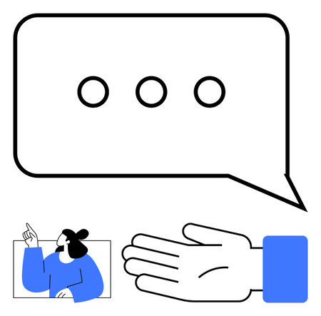 Speech bubble with three dots, a hand gesture, and a person in blue pointing. Ideal for communication, messaging, interaction, support, guidance consultation advice. Line metaphorのイラスト素材