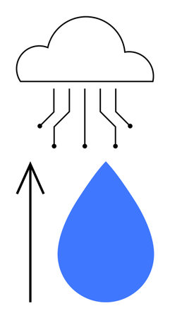 Cloud with circuit lines pointing towards a blue raindrop, upward arrow. Ideal for cloud computing, data storage, technology, weather data, uploads, connectivity innovation themes. Line metaphorのイラスト素材