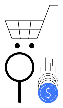 Shopping cart, magnifying glass search icon, and falling coins. Ideal for e-commerce, search optimization, payment processing, online shopping, digital marketing, financial technology consumerのイラスト素材