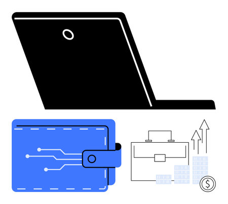 Laptop in use alongside electronic wallet and rising financial graph with briefcase, coins, bar charts. Ideal for fintech, digital banking, e-commerce, financial literacy, business growth, technologyのイラスト素材