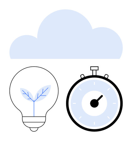 Cloud lightbulb with leaf inside and stopwatch. Ideal for technology, environment, efficiency, innovation, productivity, growth, sustainability Line metaphorのイラスト素材