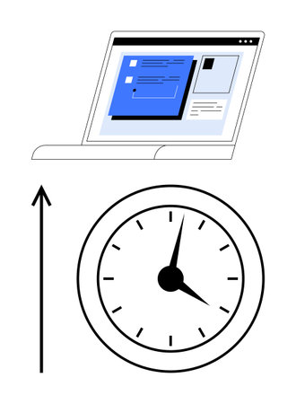 Laptop with open web, v19pages above a clock arrow pointing up. Ideal for time management,...
