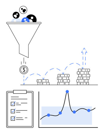 Funnel transforming users into profits, coin symbolizing currency flow, stacked coins, checklist enhancing productivity, line chart tracking performance. Ideal for marketing, finance, businessのイラスト素材