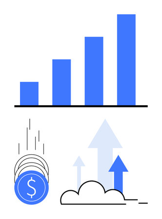 Bar chart with increasing blue bars, coins with dollar sign symbol, cloud with upward arrows. Ideal for business growth, finance, investment, revenue increase, economic trends, success digitalのイラスト素材
