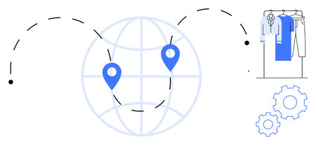 Two location pins connected over a globe indicate supply chain. Gear icons and wardrobe with clothes suggest manufacturing and distribution. Ideal for logistics, fashion, business, distributionのイラスト素材