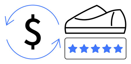 Shoe with five-star rating next to dollar sign with circular arrows indicating financial success and customer satisfaction. Ideal for business growth, customer reviews, product quality, e-commerceのイラスト素材