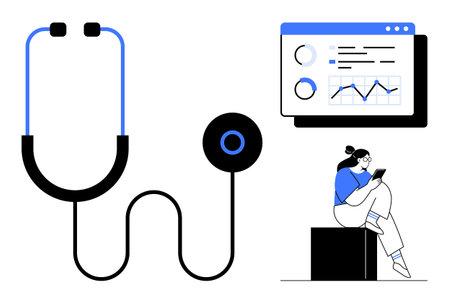 Stethoscope, medical chart on digital screen, healthcare professional reviewing data on tablet. Ideal for telehealth, healthcare technology, medical research, patient care, digital health recordsのイラスト素材