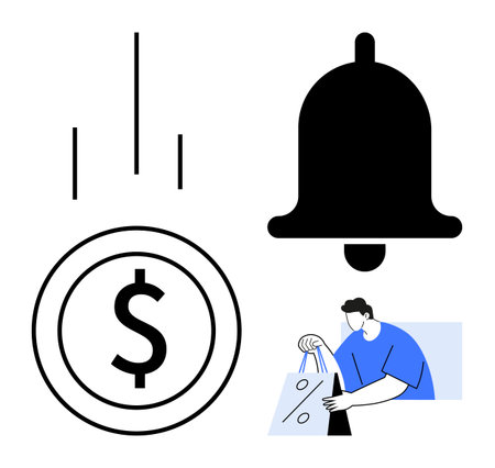 Dollar coin, notification bell, person with shopping bags. Ideal for e-commerce, retail, financial transactions, online shopping, notifications customer engagement business reminders. Line metaphorのイラスト素材