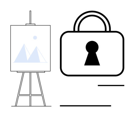 Easel with canvas showing geometric shapes next to a large padlock. Ideal for themes of creativity, security, privacy, art, intellectual property, innovation, protection. Line metaphorのイラスト素材