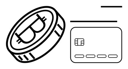 Bitcoin coin and credit card in black lines. Ideal for finance, digital currency, cryptocurrency, ecommerce, fintech, blockchain, financial transactions. Line metaphorのイラスト素材